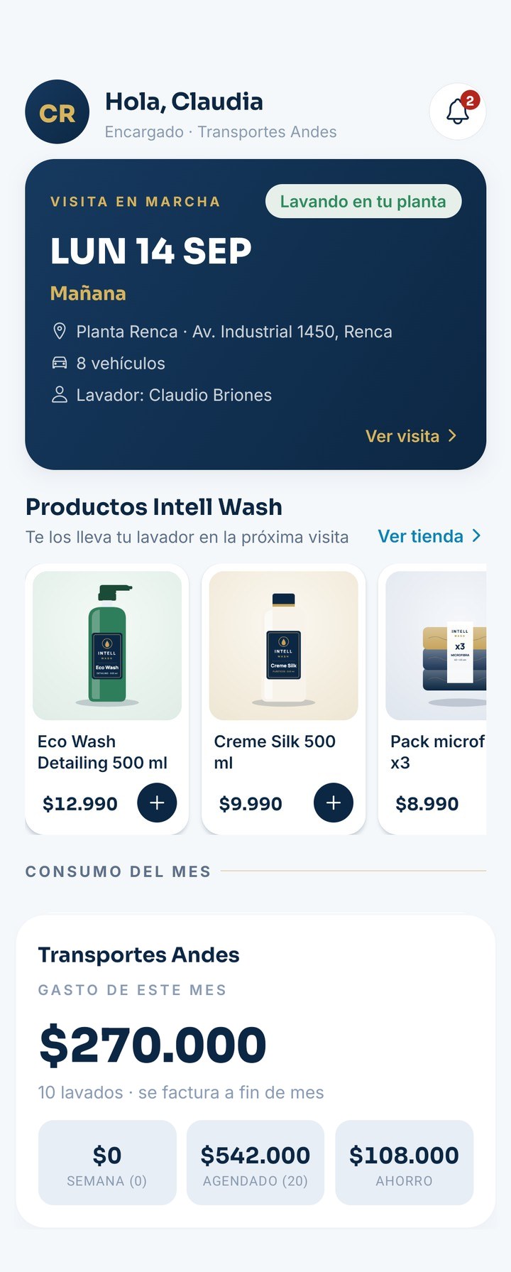 Pantalla de inicio de la app de Intell Wash con la visita en marcha
