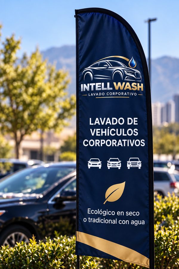 Banderín de Intell Wash en un estacionamiento: lavado de vehículos corporativos, ecológico en seco o tradicional con agua