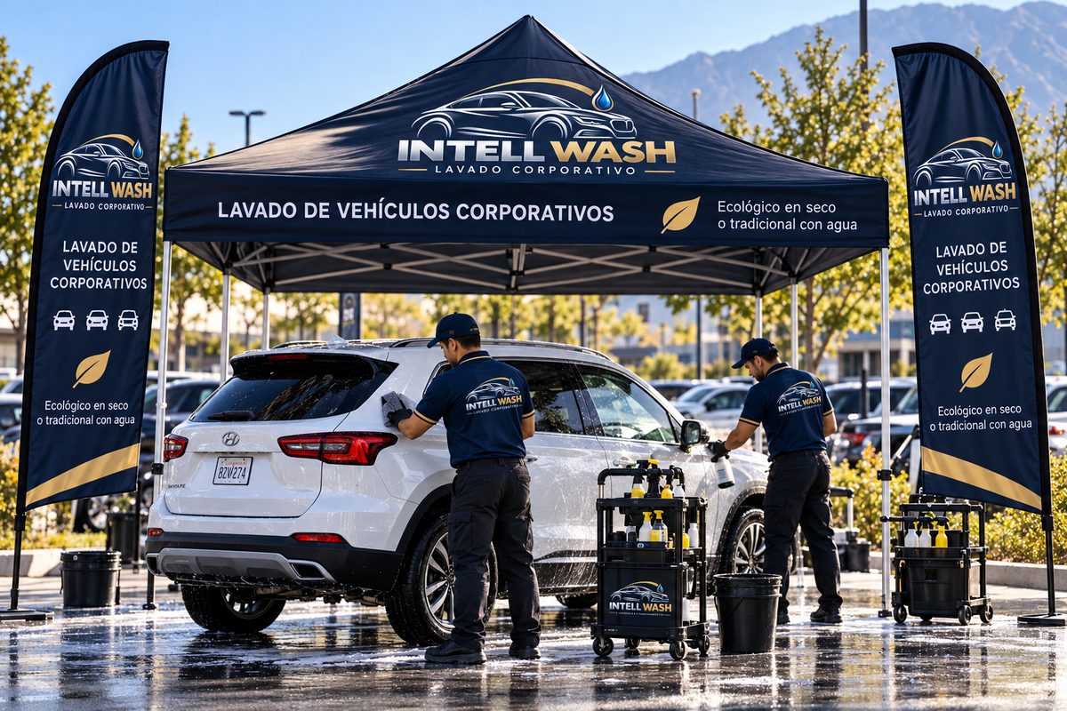Dos lavadores de Intell Wash limpiando un SUV blanco bajo la carpa de la marca, entre dos banderines
