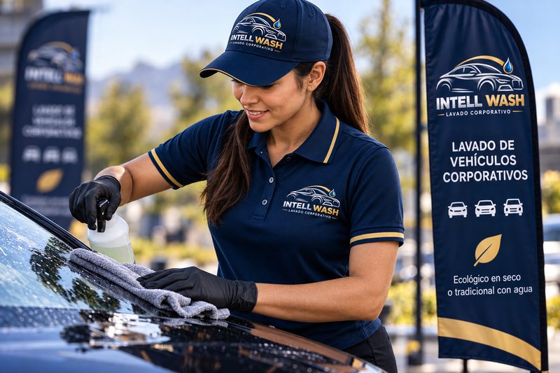 Lavadora de Intell Wash con gorra y polera de la marca limpiando el parabrisas de un auto