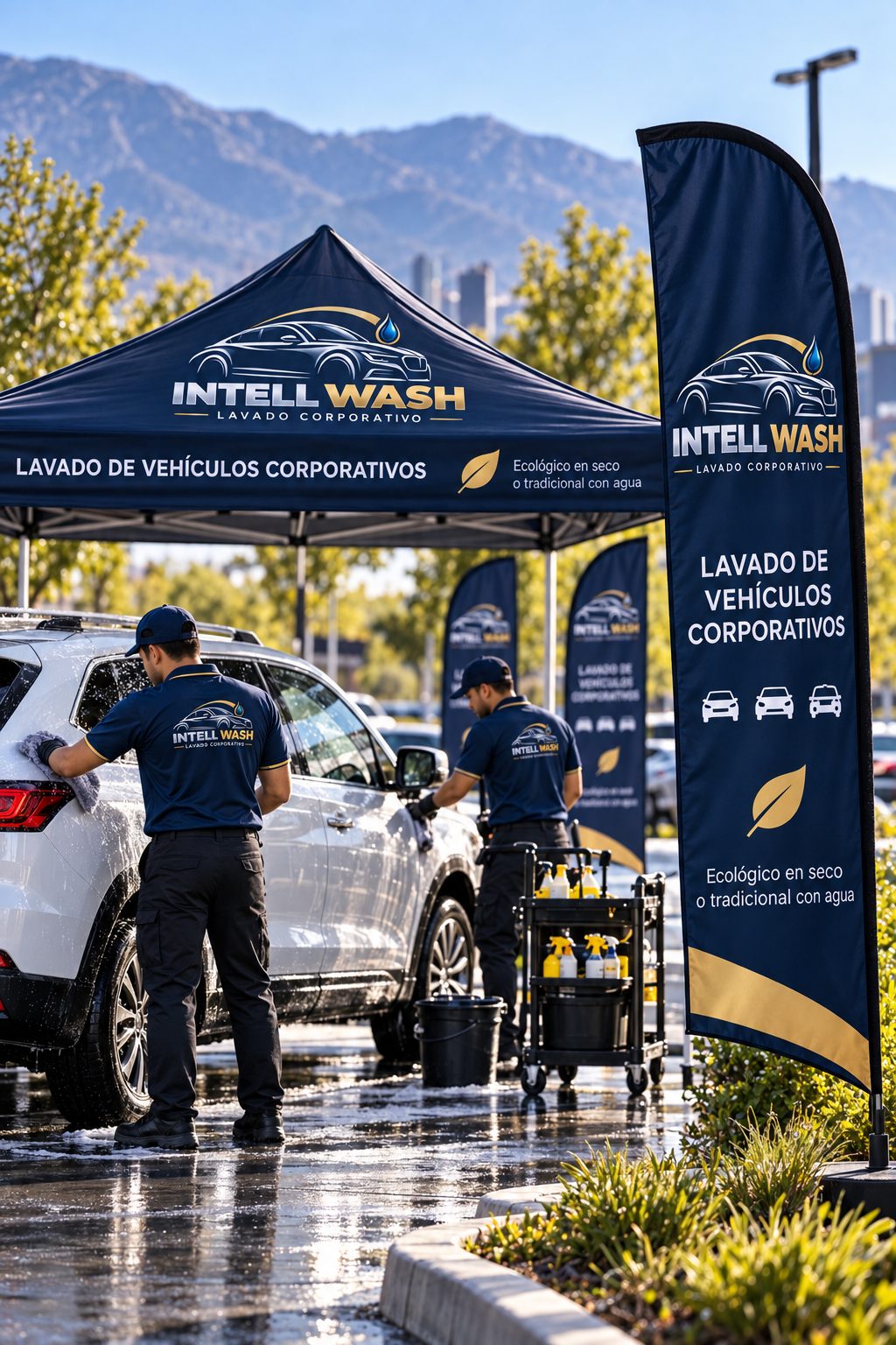 Dos lavadores de Intell Wash limpiando un SUV blanco bajo la carpa de la marca, junto a un banderín de lavado de vehículos corporativos